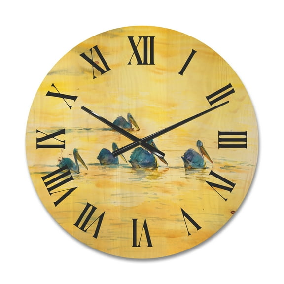 Designart 'Pelicans Birds On The Yellow River' Farmhouse Wood Wall Clock
