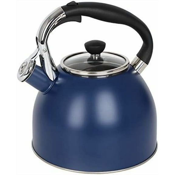 Stainless Steel Tea Kettle: 2.6 Quart Whistling Kettle with Capsule Bottom & Heat-resistant Glass Lid – Navy Blue