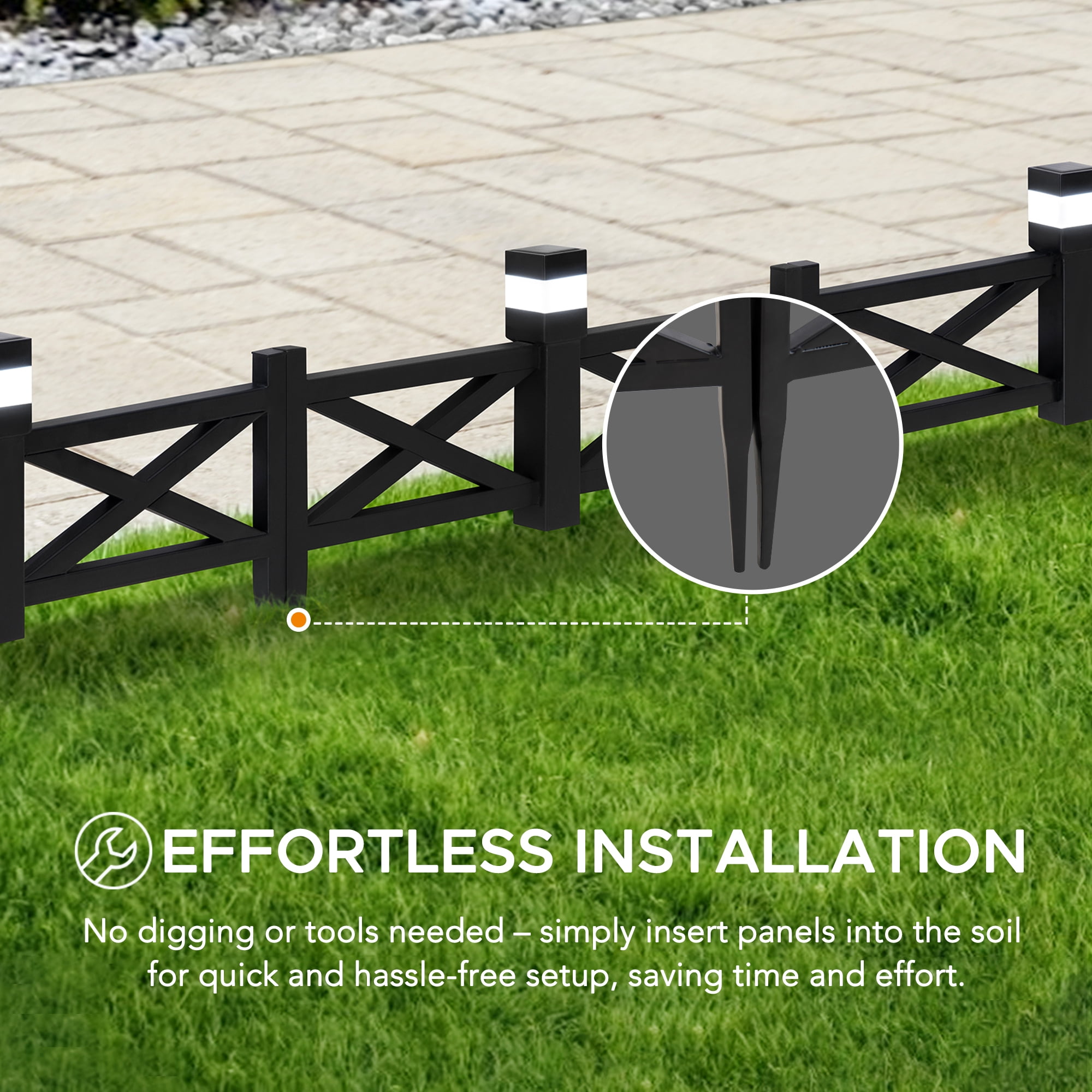 SUNJOY Garden Fence Solar Border Fencing with Waterproof LED Path Lights, Metal Lattice Fence Panel Outdoor Decorative Garden Fences(5PK), Black