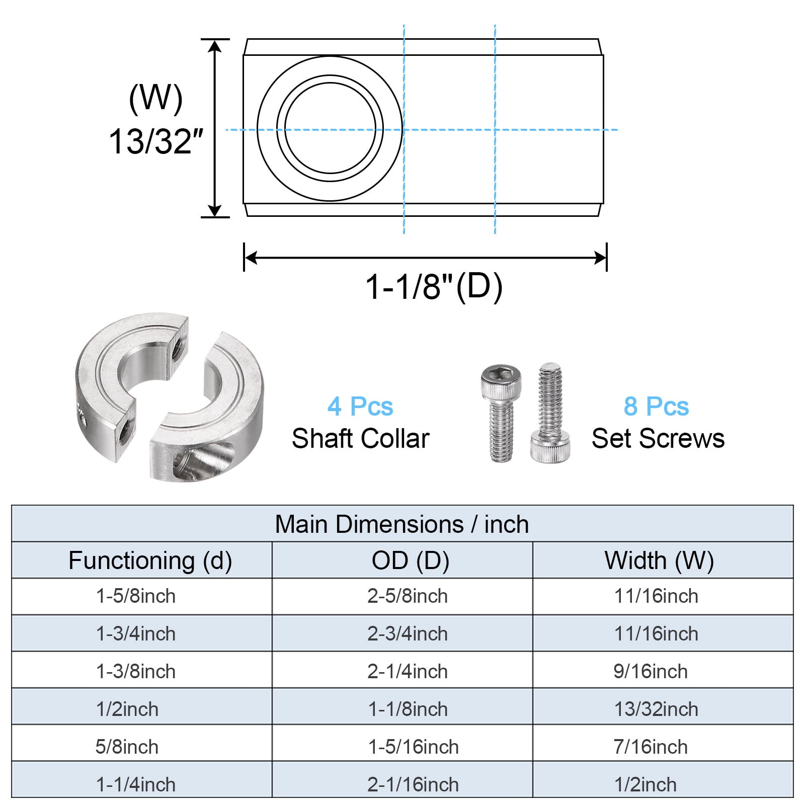 Uxcell 4pcs Shaft Collar for 1/2" Rod 1-1/8" OD 13/32" Stainless Steel Double Split Clamp-On Collar with Set Screw