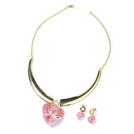 Heart Earrings Necklace Pink Cubic Zirconia CZ ION Plated Yellow Gold Stainless Steel Costume Jewelry Set Size