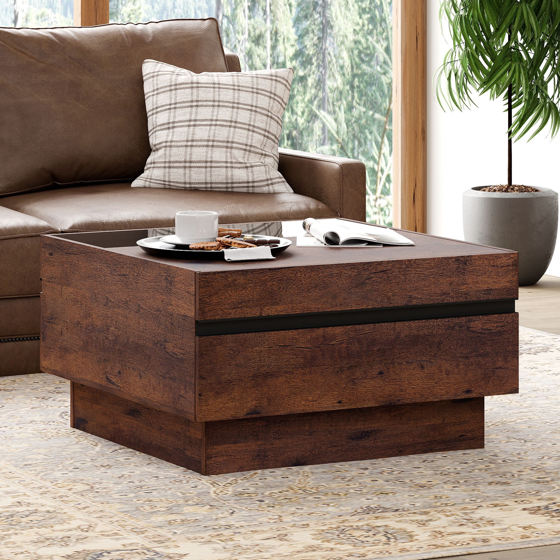 Modern Square Coffee Table with Tempered Glass Top,2 Drawer Hidden Storage, Walnut Wood Grain, Living Room Center Table,Brown