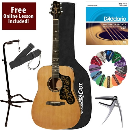 Learn To Play Sawtooth Acoustic Guitar with D’Addario Strings and Chromacast Stand, Picks, Capo, Strap, Case, and Free Online Lesson – Dreadnought Folk Guitar with Spanish (Best Way To Learn Jazz Guitar)