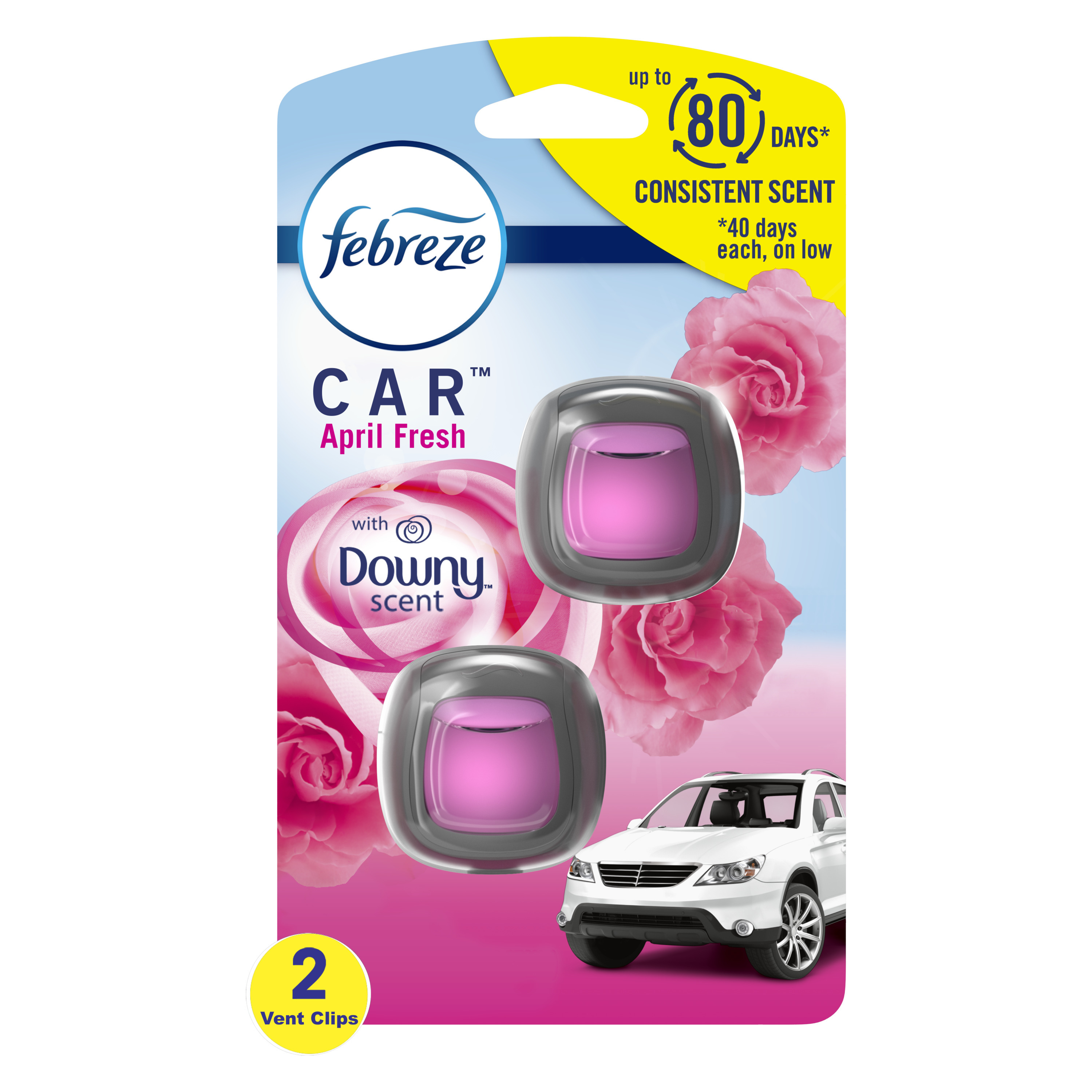 Febreze Car Air Freshener Vent Clip Downy April Fresh Scent, 2 Ct