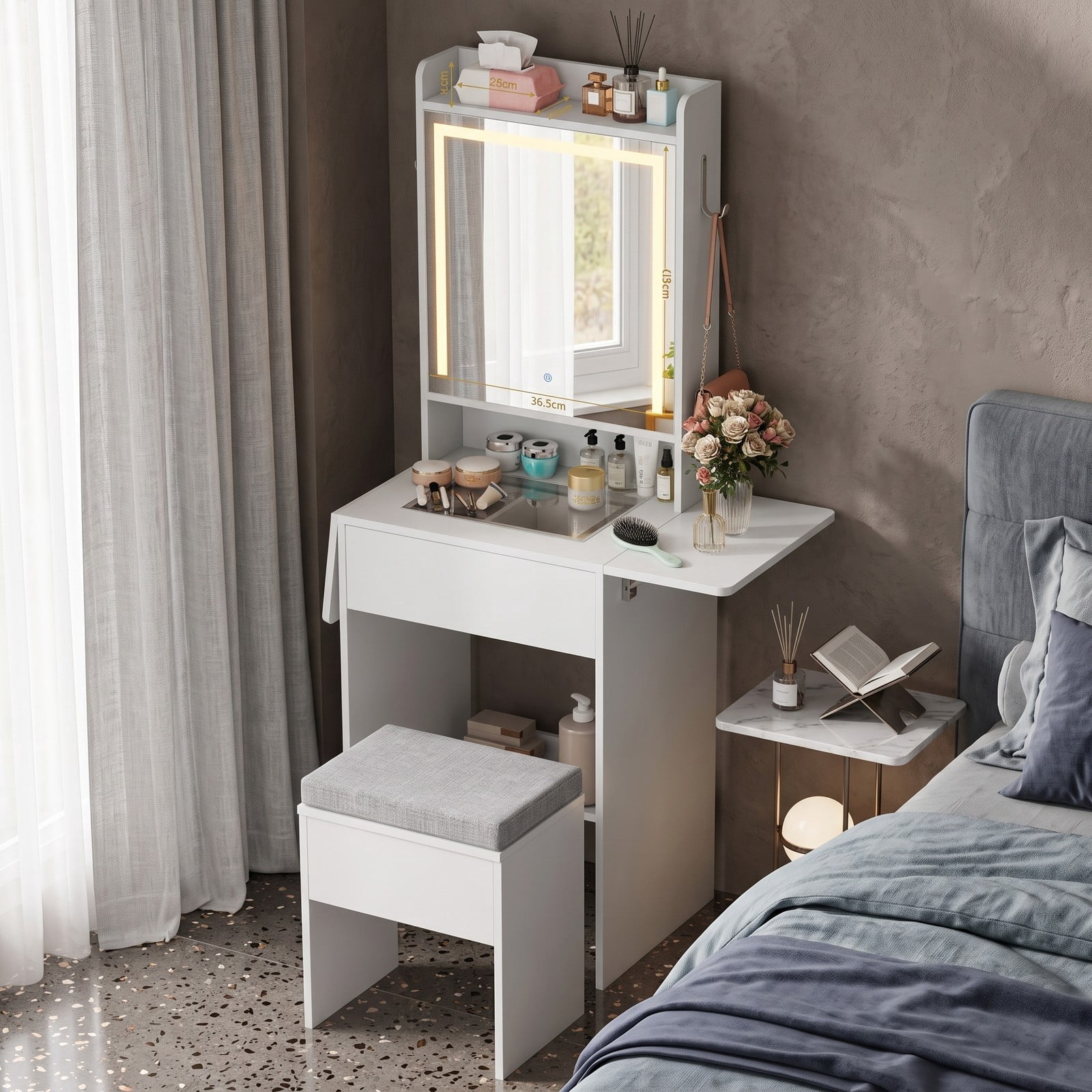 Furnibear Space Saving Vanity Desk with Foldable Drop Leaf Tables and LED Lighted Mirror and Storage Stool for Small Bedroom,White
