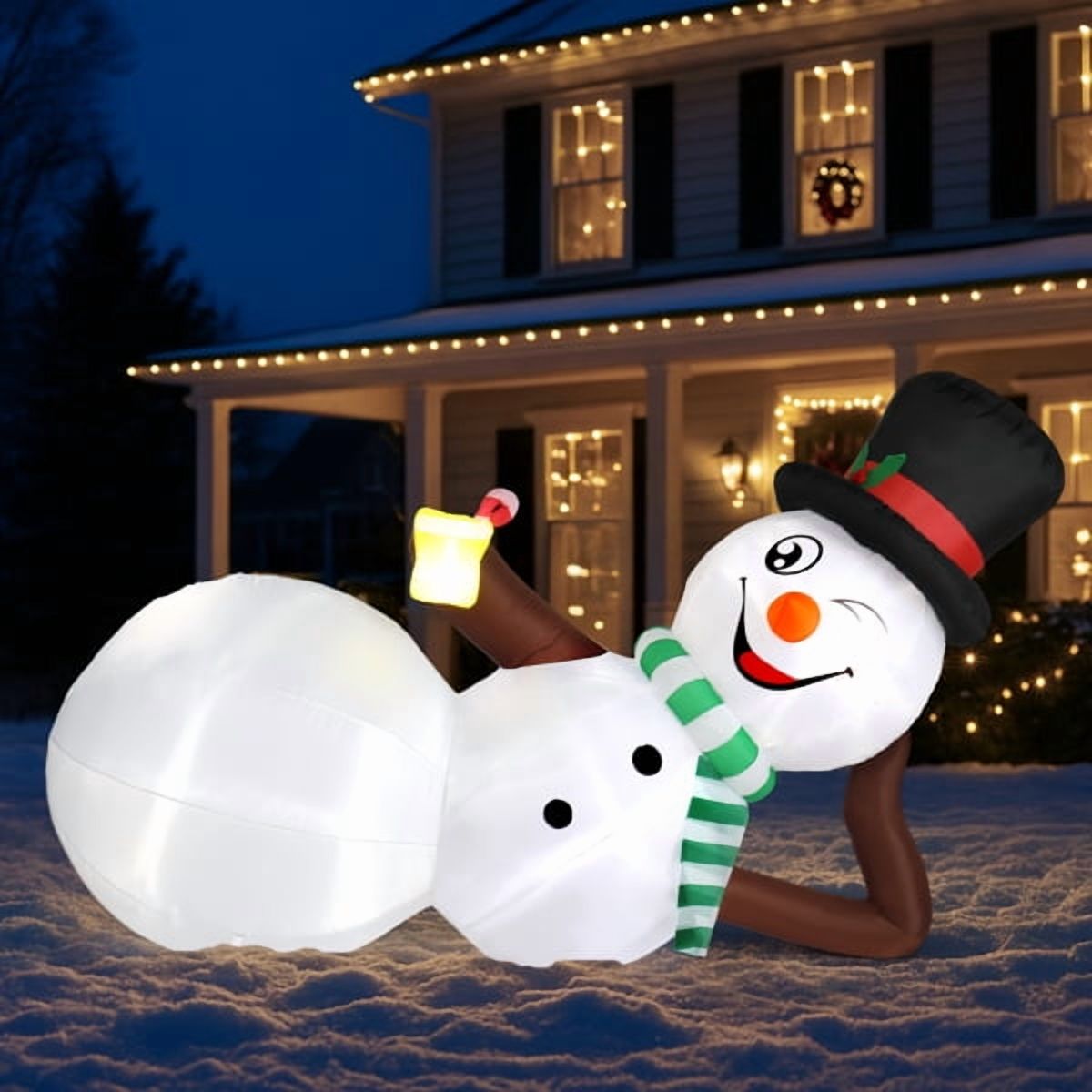 5.9FT Christmas Inflatable Snowman - Lying Snowman with Drink & Wink, 5 Built-in LED Lights, Waterproof Polyester, Indoor/Outdoor Holiday Yard Decor
