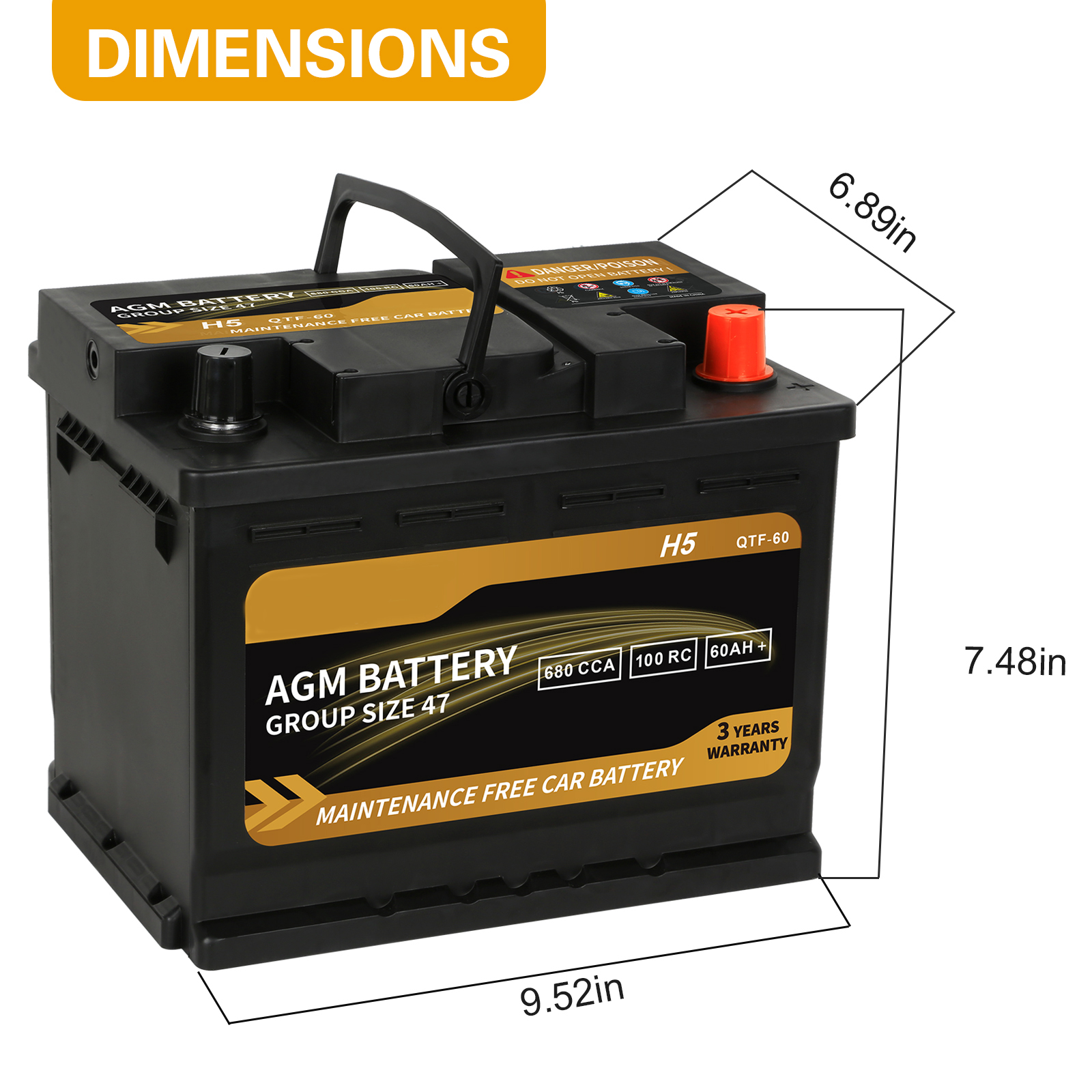 Weize Platinum AGM Battery, BCI Group 47 H5 Automotive Battery, 12 Volts, 680 CCA, 100 RC