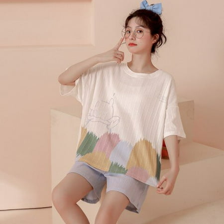 

DanceeMangoo Womens Sleepwear Set Cute Print Short Set Pajamas for Women Cotton Pajama Set Sweet Short Sleeve Top & Shorts Summer Pijamas