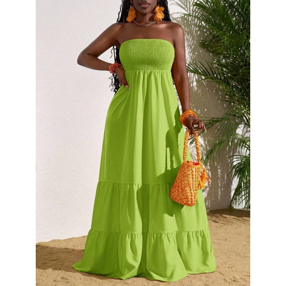 Olive Green Solid Strapless Ruffle Hem Maxi Dress For Women