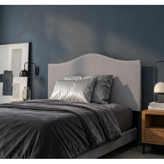 Upholstered Twin Size Headboard with Nailtrim, Light Gray Fabric