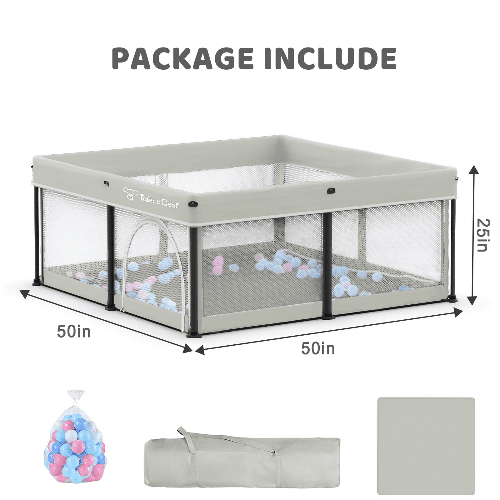 Foldable Baby Playpen with Mat, Collapsible Play Pen for Babies and Toddlers, Indoor & Outdoor Kids Safety Play Pen, Portable Play Yard with 50 Ocean Balls, 50"×50", Beige
