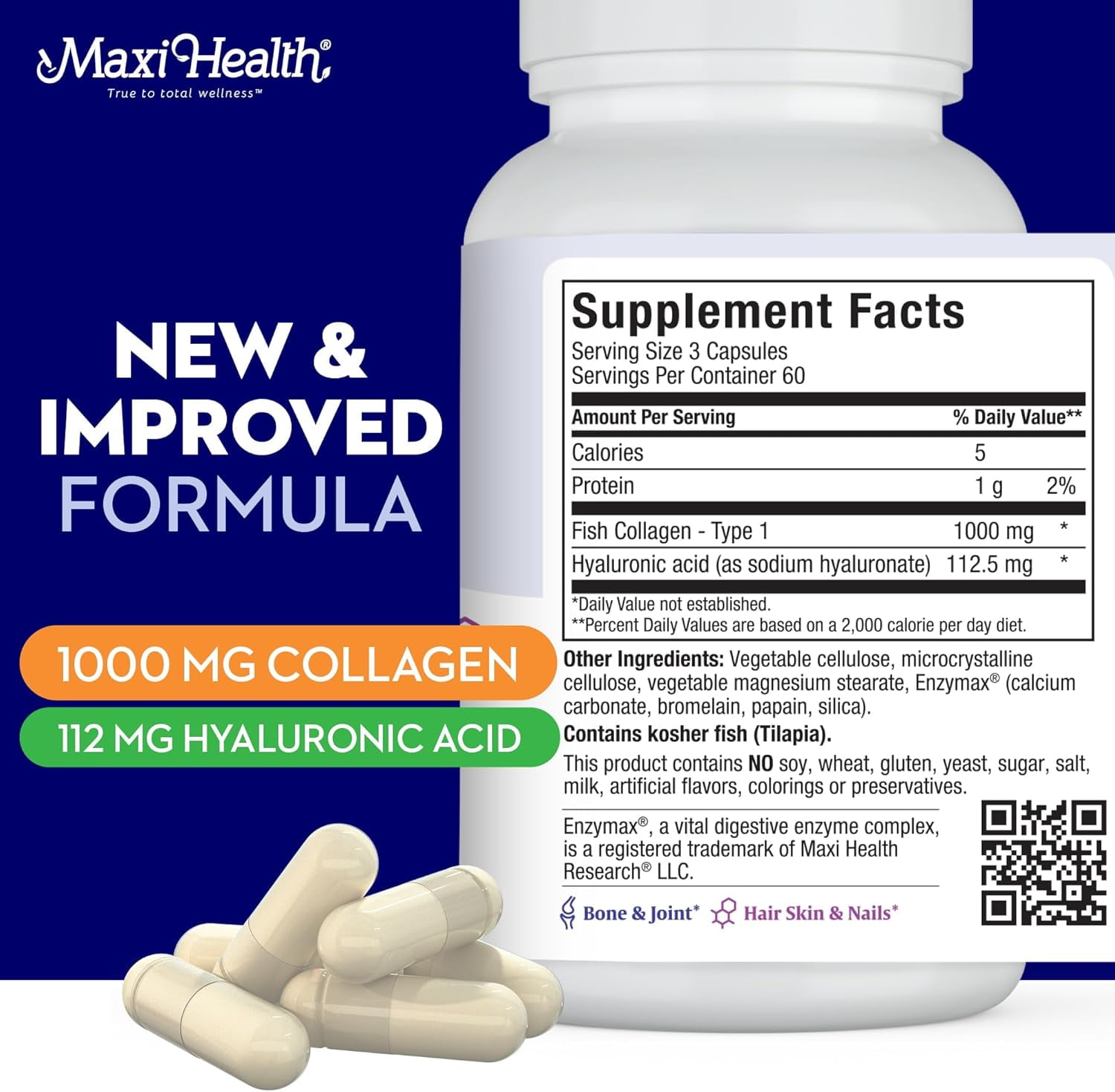 Maxi Health Marine Collagen with Hyaluronic Acid – Joint, Bone & Skin Support – 180 Capsules