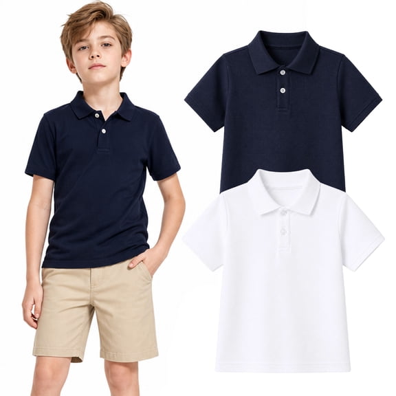HILEELANG Boys School Uniform Polo Shirts, 2-Pack Short Sleeve Cotton Blend Pique Polos, Sizes 5-14