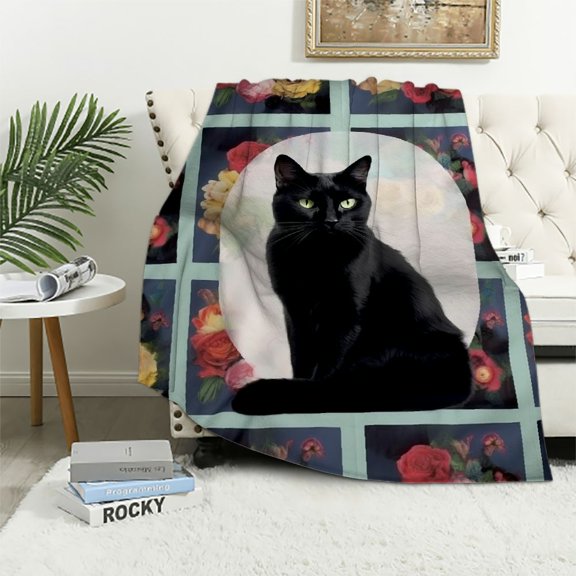 JRXY Black Cat Sherpa Throw Blanket for Kids Boys Girls Cat Lovers Gifts, Super Soft Warm Cozy Colorful Flower and Black Cat Print Blanket for Bed, Sofa, Couch, Travel Blanket White
