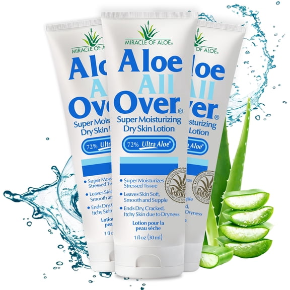 Miracle of Aloe Aloe All Over Super Moisturizing Dry Skin Lotion (3-Pack, 1 oz) - Made with 72% UltraAloe Aloe Vera Gel. Safe for Everyone: Men, Women, Kids. Ends Flaking and Restores Dry Skin Fast