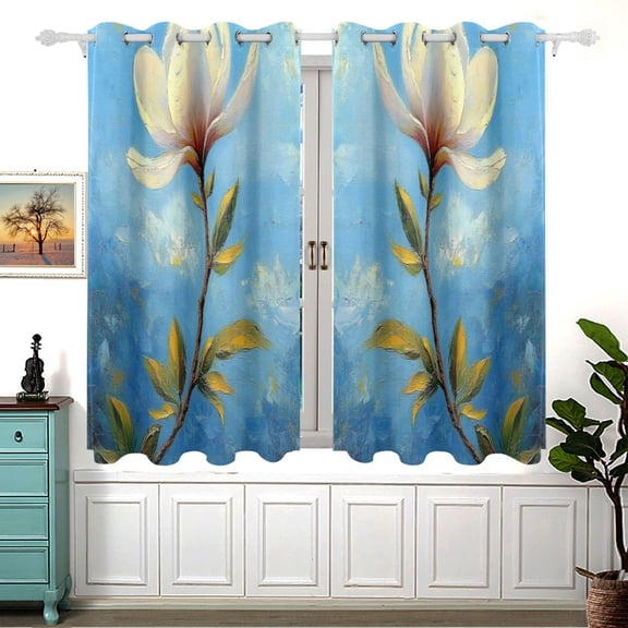 Blue Sky and White Flowers Blackout Curtains for Living Room Bedroom 55W x 54L Insulated Window Drapes 2 Panels