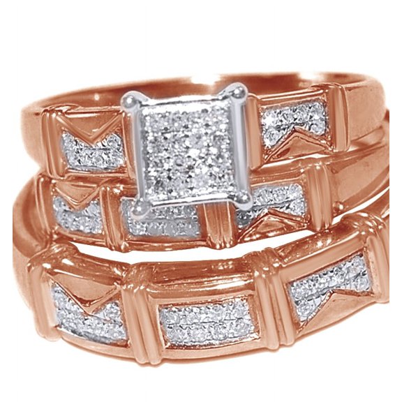 AFFY White Natural Diamond Engagement & Wedding Trio Band Ring Set In 10k Rose Gold