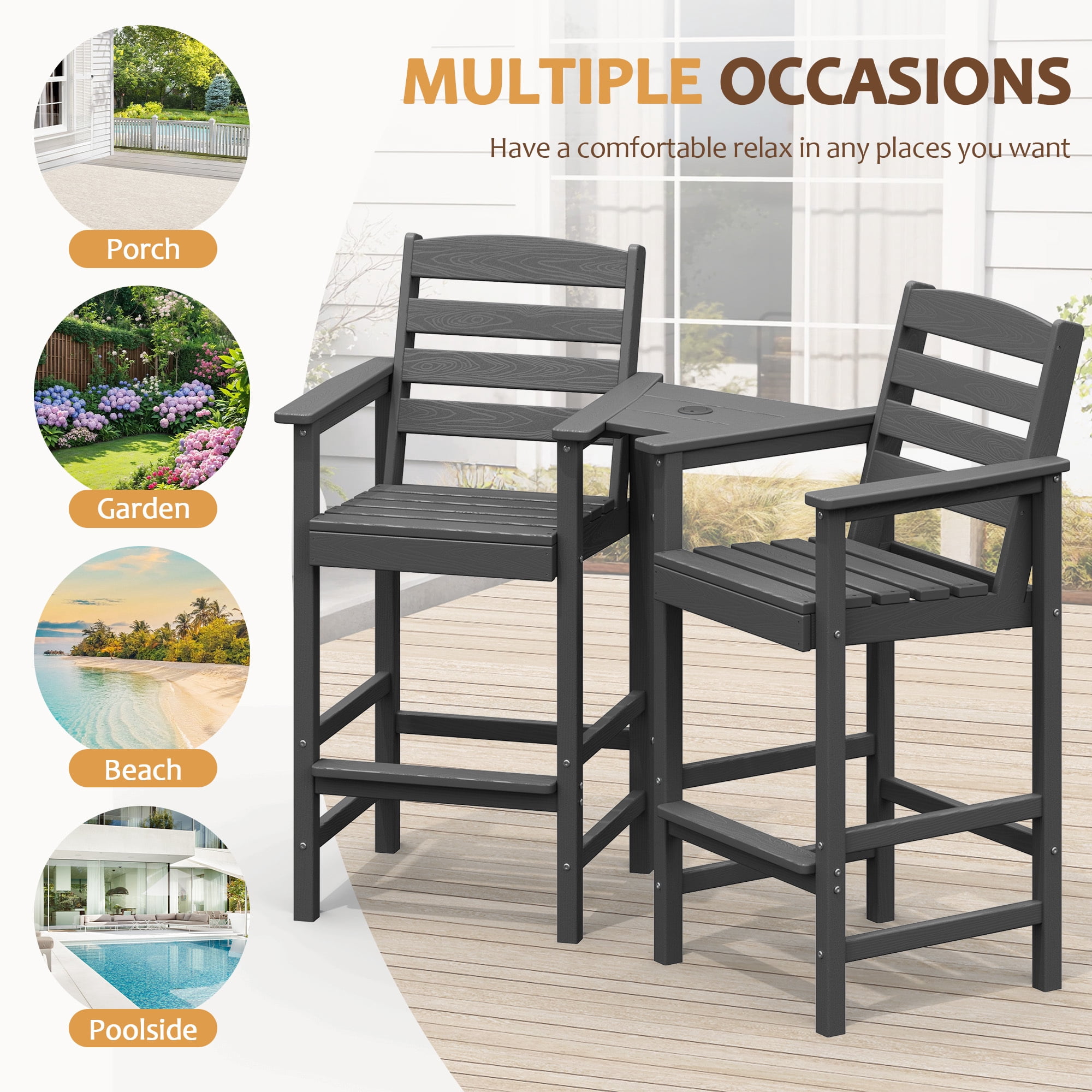RIAFUN HDPE Height Bar Stools Set of 2 with Removable Connecting Table, Weather Resistant Outdoor Tall Adirondack Chairs with Umbrella Hole for Patio, Poolside, Garden, Gray