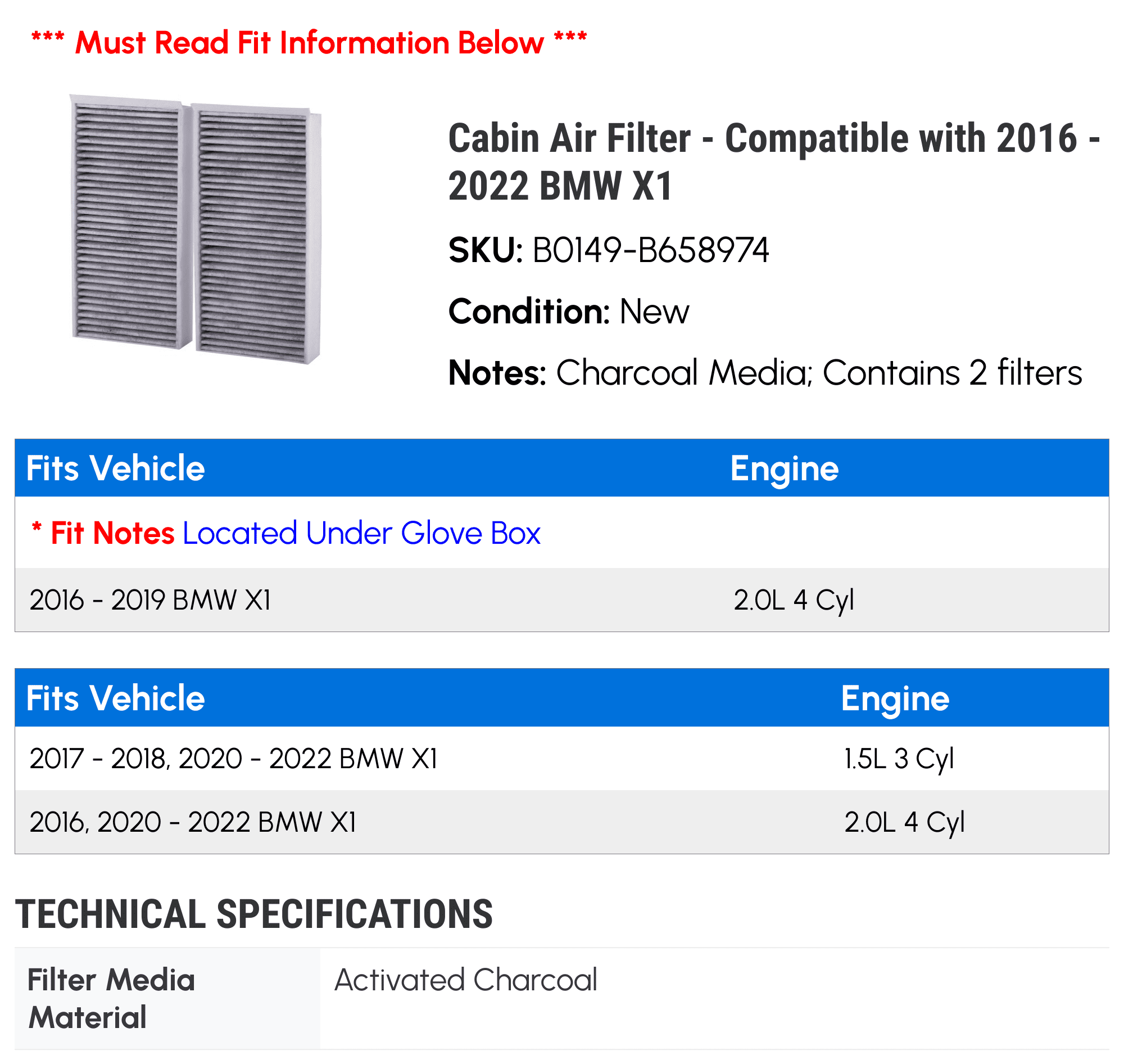 Cabin Air Filter - Compatible with 2016 - 2022 BMW X1 2017 2018 2019 2020 2021