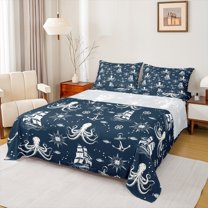 Feelyou Cartoon Octopus Navy Bed Sheets for Teen, Sailboat Compass King Sheets, Ocean Marine Theme Sheet Set, Super Cozy Room Decor, 4pcs