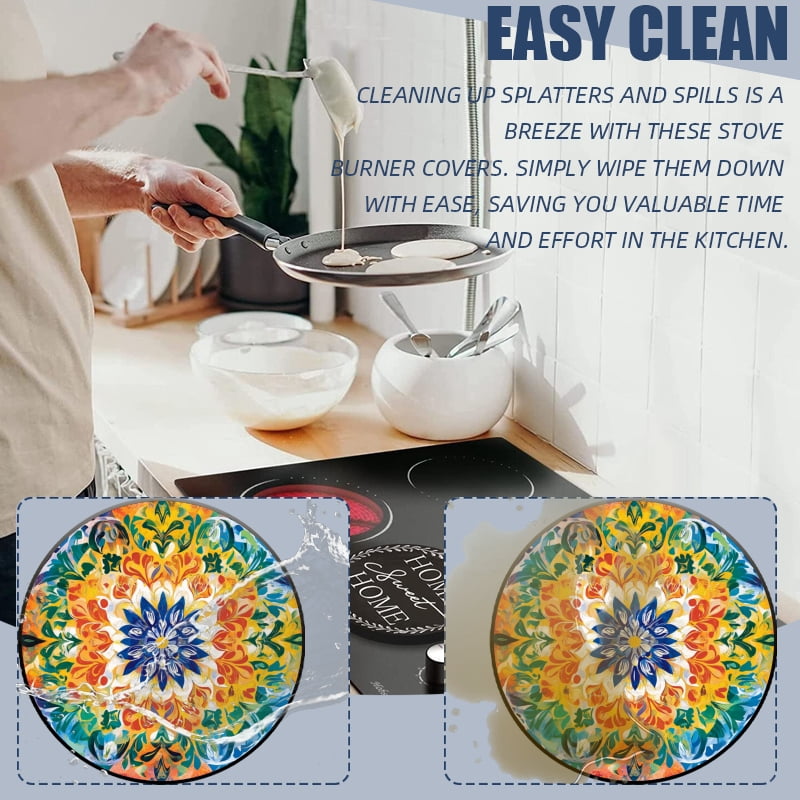 Round Electric Stove Burner Covers for Electric Stove, Boho Colorful Retro Pattern Decorative Metal Gas Stove Burner Covers Set of 4 for Kitchen, 8 Inches and 10 Inches