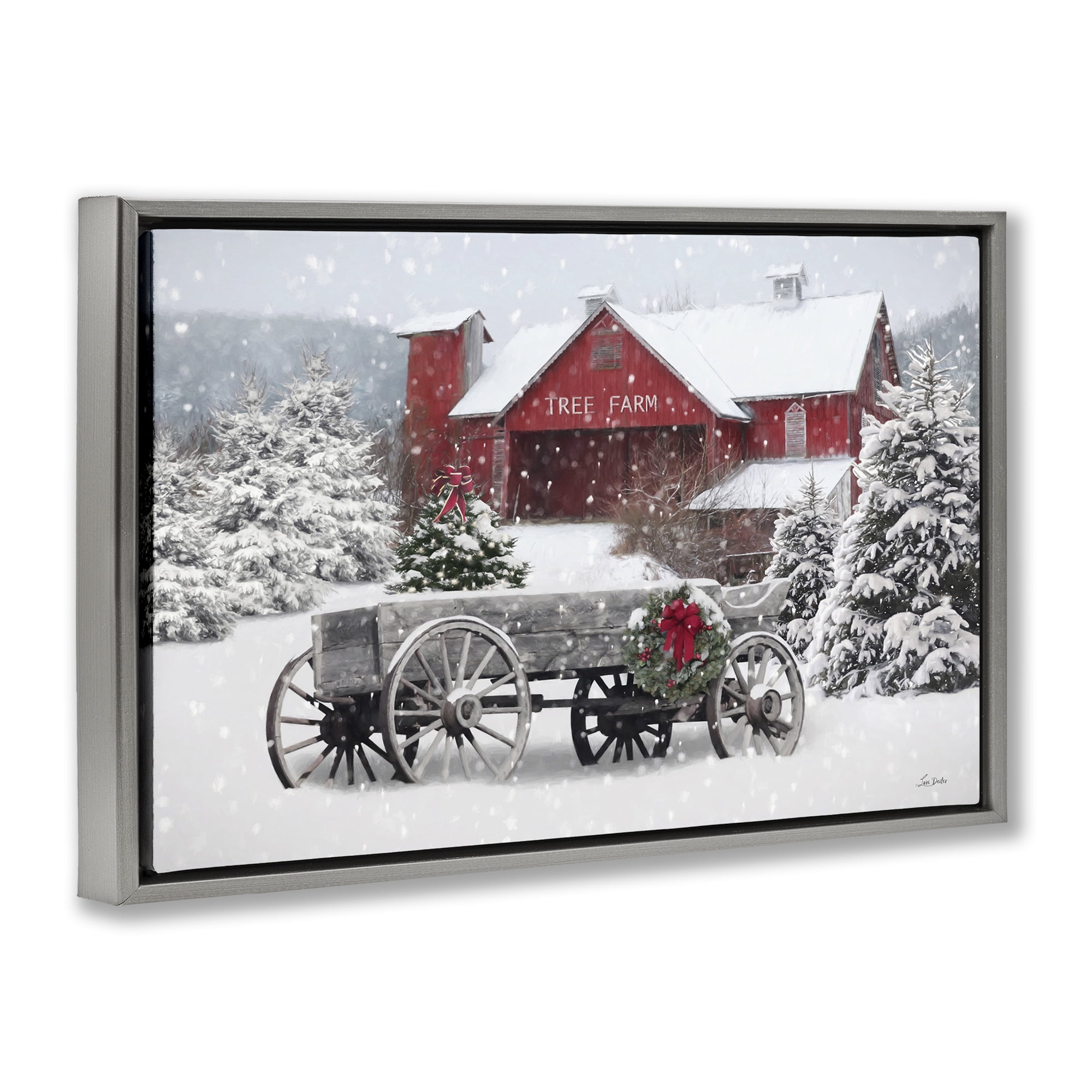 Stupell Industries Winter Wagon & Barn Holiday Painting Gray Floater Framed Canvas Art Prints Wall Art, 25 x 17