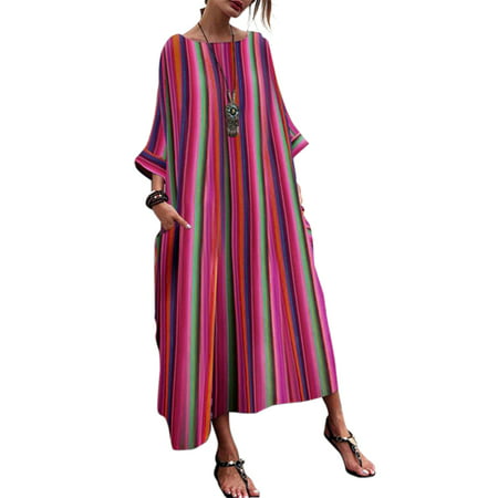 ZANZEA Womens Batwing Sleeve Striped Baggy Dress Tunic Kaftan Maxi ...