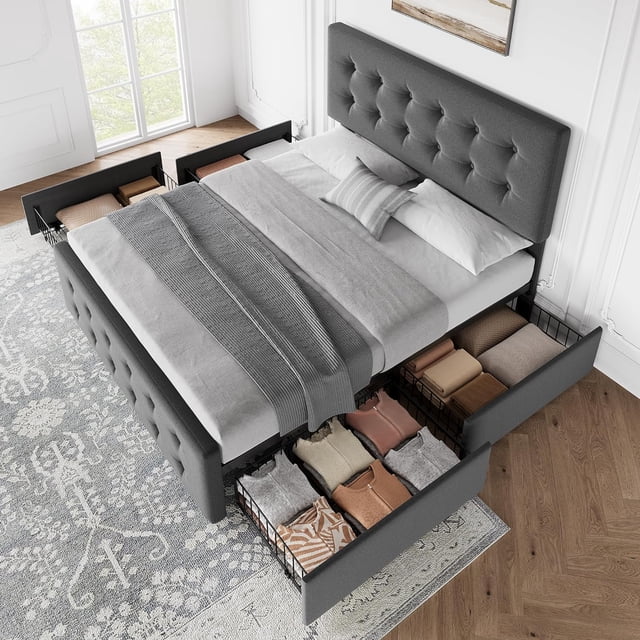Cama matrimonial con 4 cajones y cabecera ajustable. Base tapizada con lino agradable para la piel. No necesita somier. Gris oscuro (Matrimonial).
