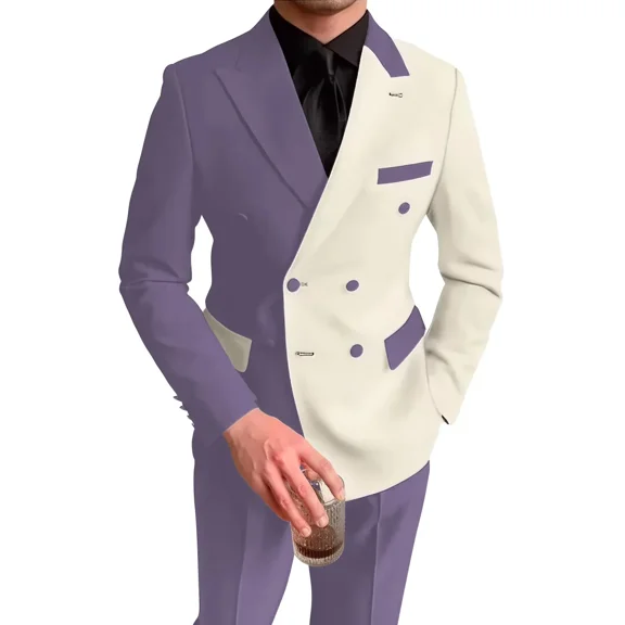 Double Breasted Suit Men Lavender 2 Piece Slim Fit Suits for Men Contrast Color Blazer Pants Formal Wedding Prom Suit,3XL