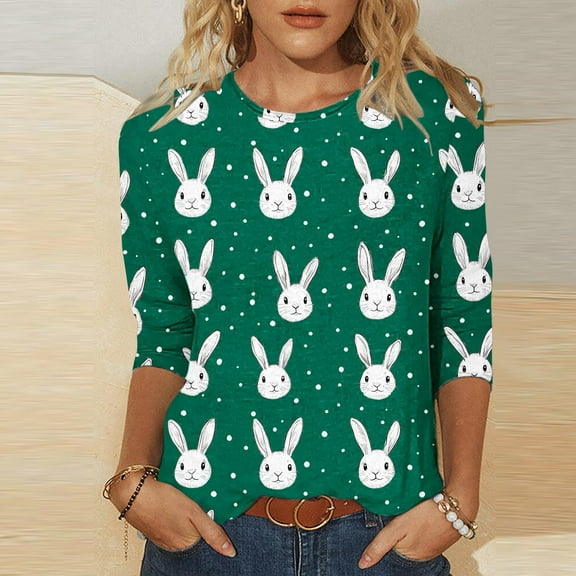 Cavosen Happy Easter Flowing Women's Blouses 3/4 Length Sleeves Summer Bunny Print Pullover Tops Round Neck Festival Shirts Vacation Holiday Tee Shirts Loose Dressy Green L