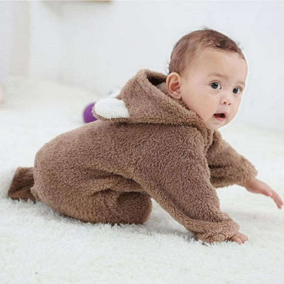 Newborn Baby Cartoon Bear Snowsuit Warm Fleece Hooded Romper Jumpsuit Footed Pram
