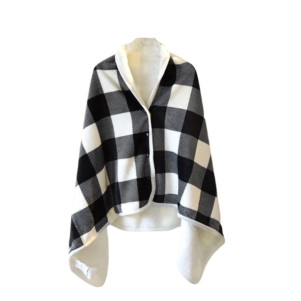 Inteprter Mantas portátiles de terciopelo de doble cara, patrón de rejilla con capucha, chal cálido, manta con botón, alfombra para dormir, hogar y Suministros térmicos Rejilla blanca negra Inteprter HA071574-04