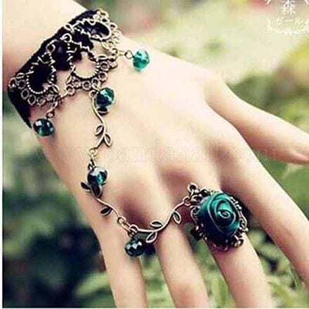 Gothic Style Retro Alloy Lace Flower Link Rings Bracelets for Women Green No Sise