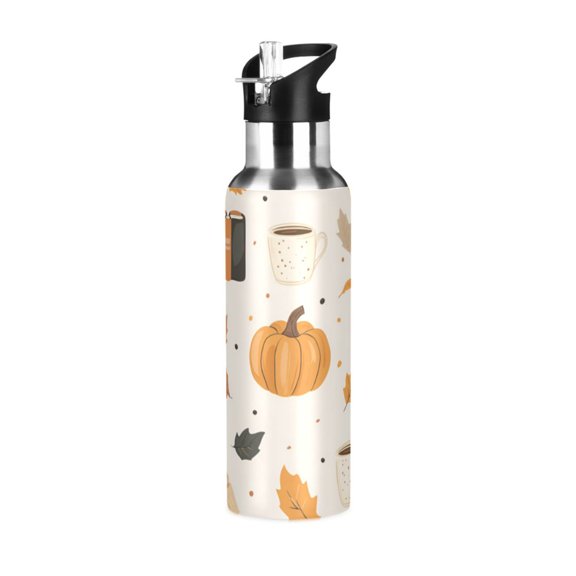 Yayeee 20oz Insulated Water Bottle Double Wall Stainless Steel with Flip Straw Lid, Beige Fall Pumpkin