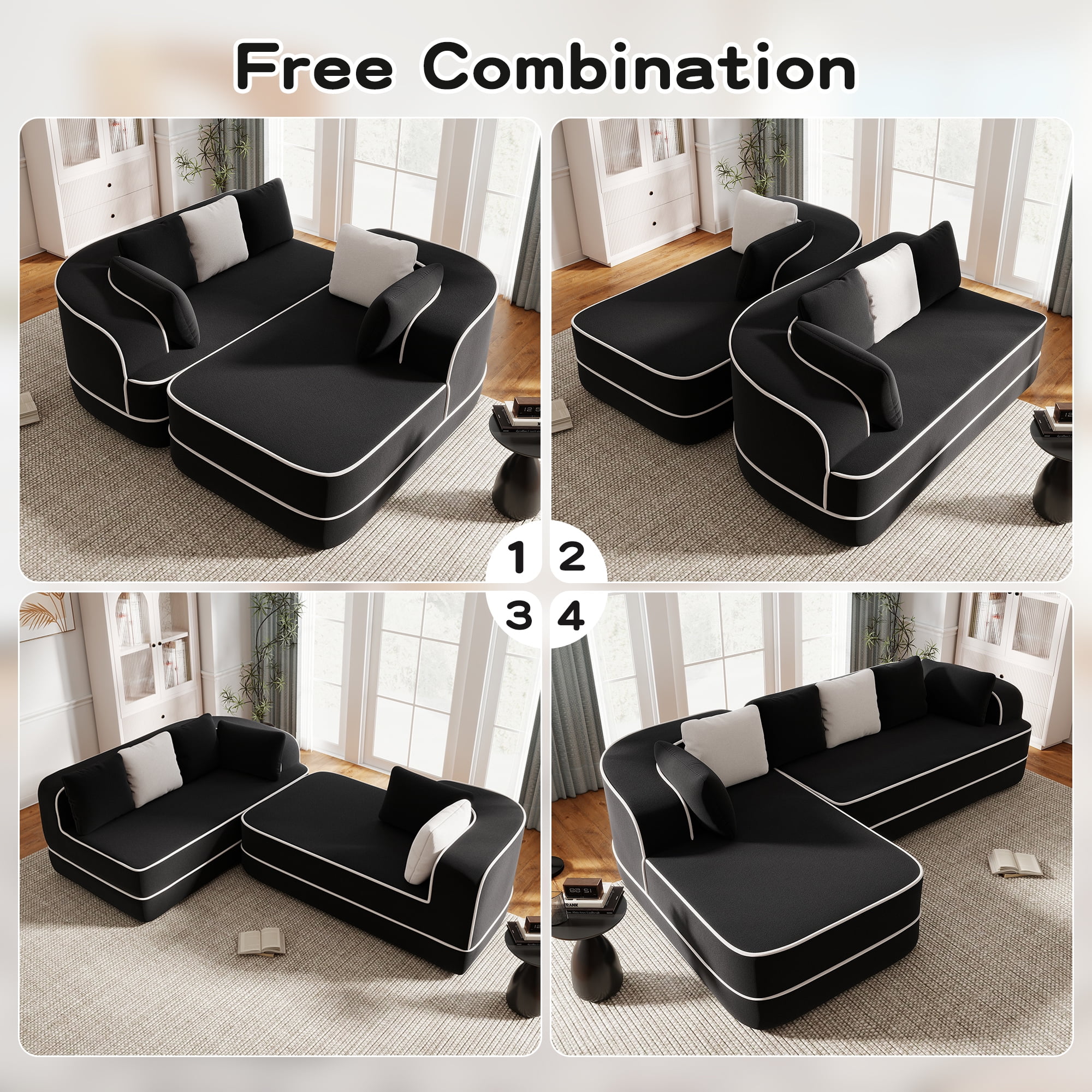 106" Teddy Fabric No Assembly 32D Boneless Sofa, Comfy Couch with L-Shaped Chaise for Living Room, Black