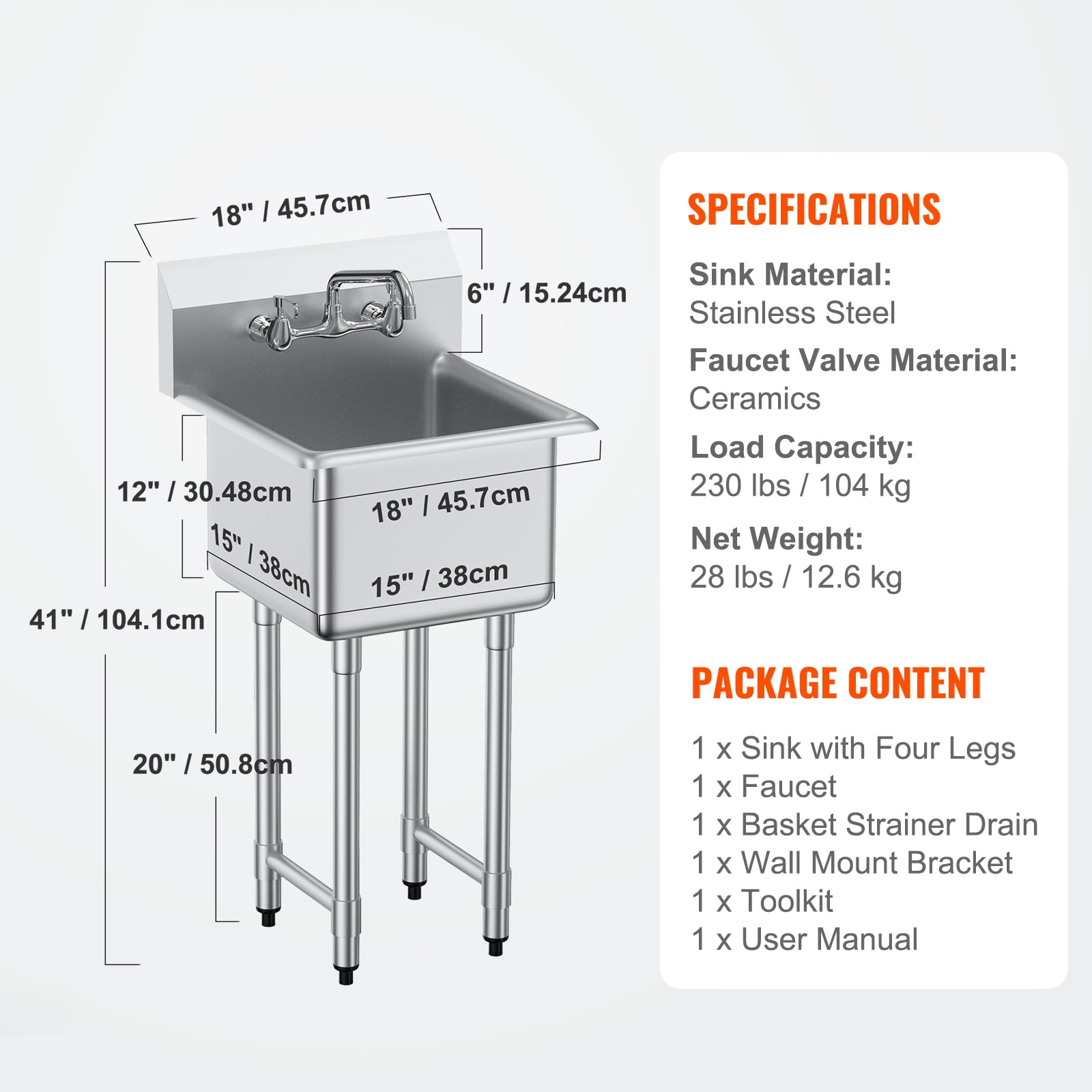 KFFKFF Stainless Steel Backsplash Commercial Utility & Prep Sink 1 Compartment