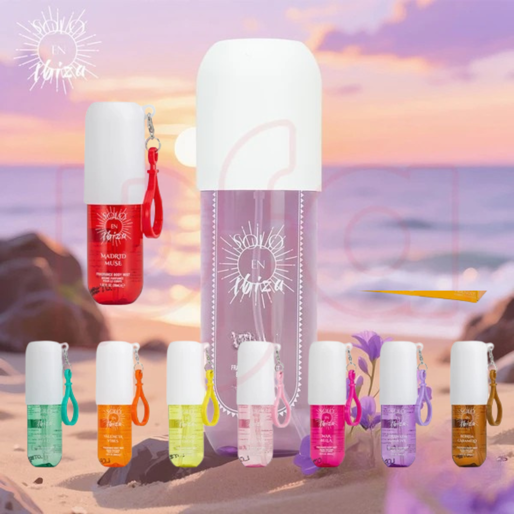 Solo En Ibiza Fragrance Body Mist 1.02 oz with Keychain 8 Assorted Scents