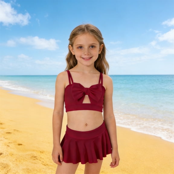 RTKFRFLM Girls Two Piece Swimsuit with Flounce Skirt, Colorful Solid Bikini Swimwear for Kids Family Matching
