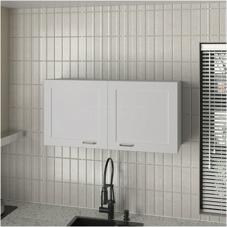 JERFIT 24 Modern White Wall Mount Kitchen Cabinet with Mirror Front & Glass Shelves for Storage