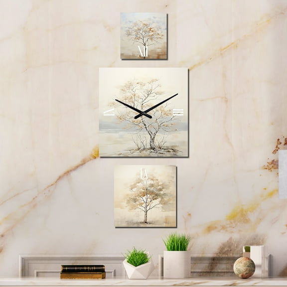 Designart "Melodic Beige Maple Minimalism" Trees Extra large Clock For Office Décor - Large Traditional Wall Clock - Oversized Beige Wall Clock - Set Of 3