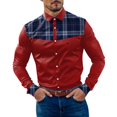 thumbnail image 1 of Camisas Hombre Camisa de manga larga con botón de solapa y bloque de color a cuadros informal a la para hombre (Red, XXL), 1 of 5