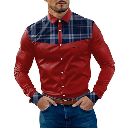 

wanyng mens fashion casual plaid patchwork color block lapel button long sleeve shirt scrub top men