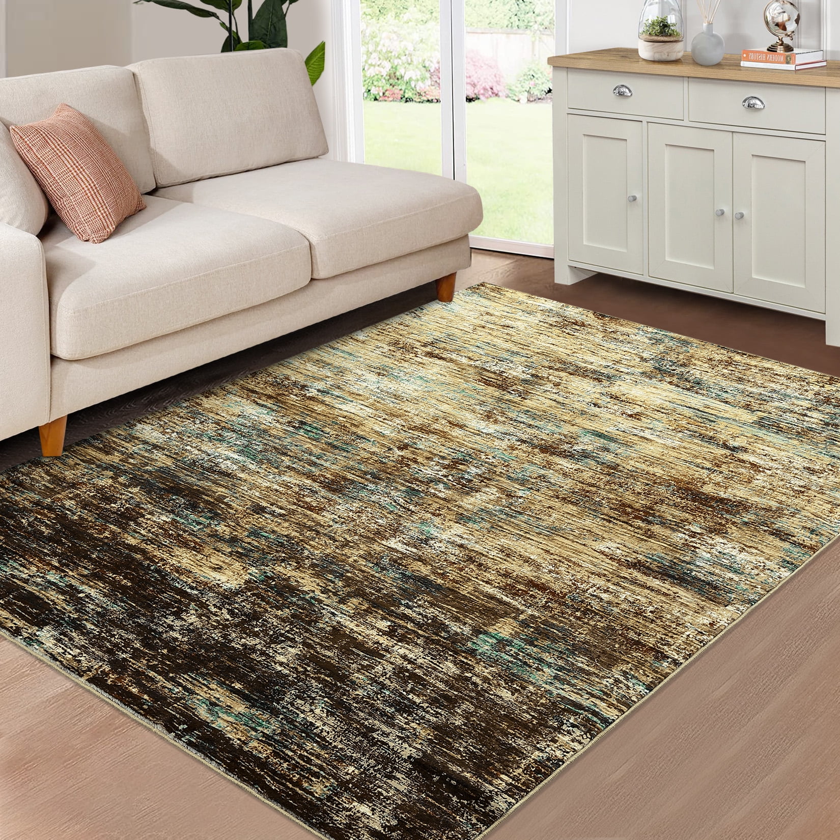 HOMERRY Rugs 9' x 12' Abstract Area Rug for Living Room Soft Low Pile Carpet, Brown/Multi