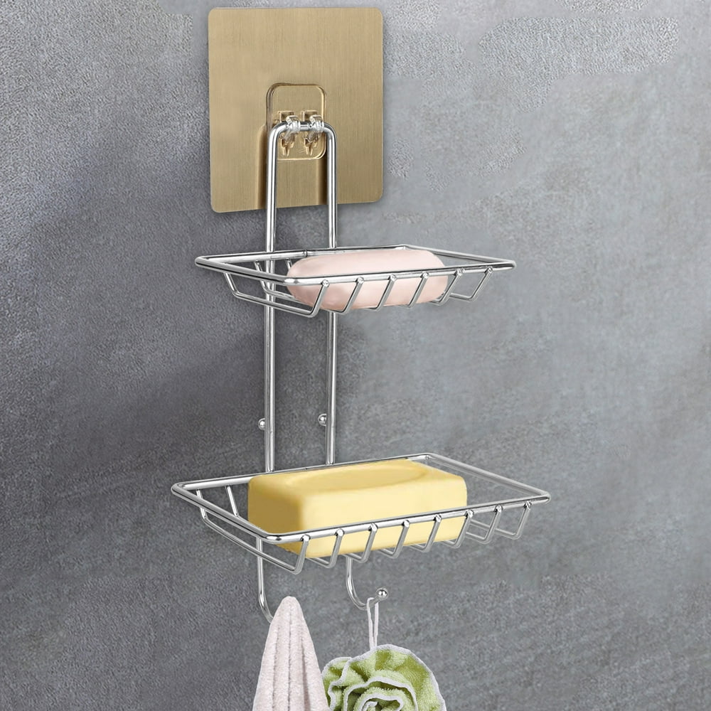 TSV Double Tier Soap Dish, Stainless Steel Soap Holder With Hooks, Nontrace Adhesive No