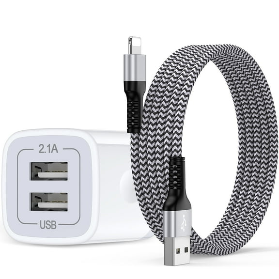 Compatible for iPhone Charger, 2.1A Dual Port USB Wall Charger Block with 6FT Charging Cable, USB Brick Cube Wall Charger Adapter Plug Power Base Fast Charging Station Compatible for iPhone, White