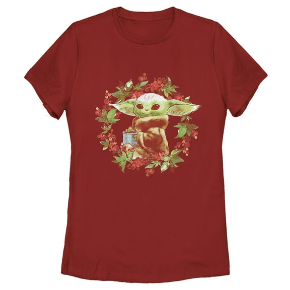 Women's Star Wars: The Mandalorian Christmas The Child Wreath Graphic Tee Red Medium