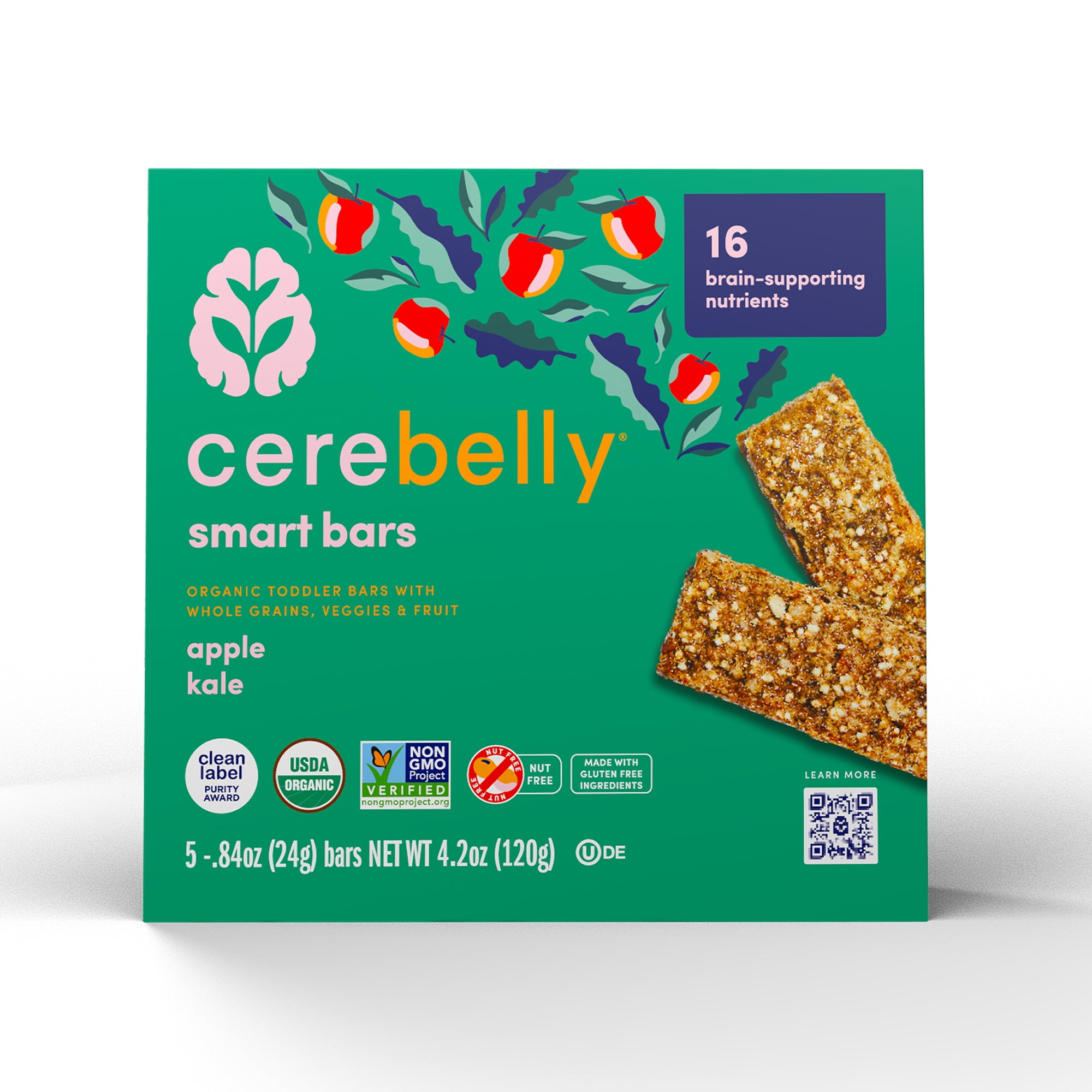 Cerebelly Organic Smart Bar, Apple Kale, 4.2 oz, 5 Count