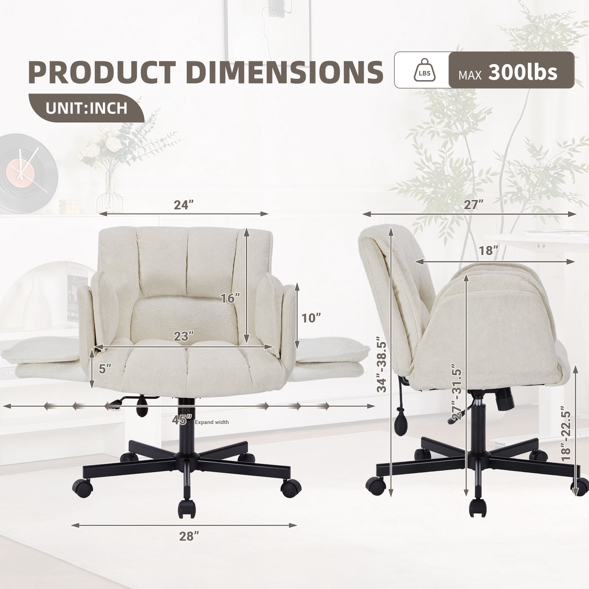 Cross Legged Office Chair with Wheels & Dynamic Airbag Lumbar Support, Criss Cross Wide Seat, 5-Position Fold-Down Armrests, Swivel Vanity Chair for Home Office, Beige