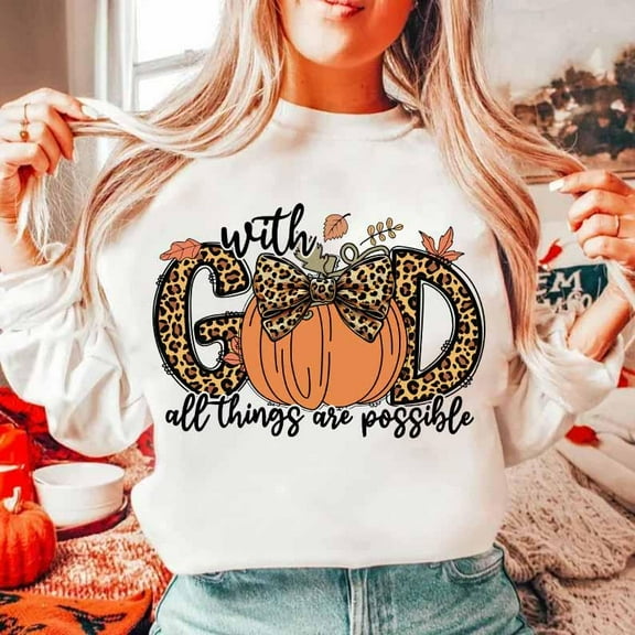 With God All Things Are Possible Sweatshirt, Retro Fall Christian Shirt with Pumpkin and Leopard Print, Faith-Based Autumn SWEAT Sweatshirt for Women