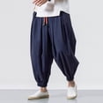 thumbnail image 2 of Men's Cotton Linen Harem Pants Drawstring Casual Cropped Trousers Lightweight Loose Beach Yoga Pants with Pockets Big and Tall Size M-5XL Blue, 2 of 5